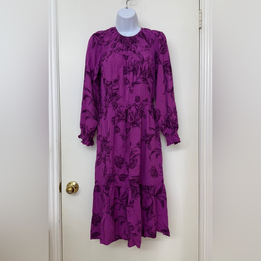 A New Day Womens Floral Dress Purple Long Sleeve Prairie Flounce Midi Size XS